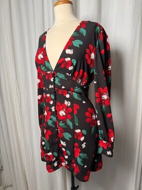 Urban Outfitters Black Floral V-Neck Mini Dress with Red & Green Blooms